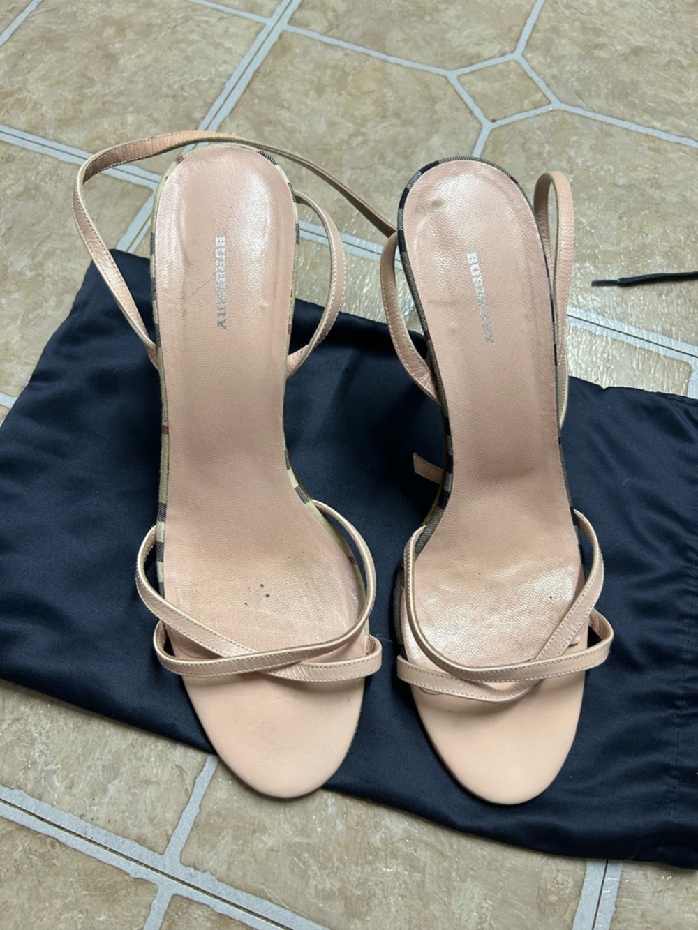 Burberry Nude Beige Strappy Stiletto Sandals with Check Trim - Picture 2 of 5